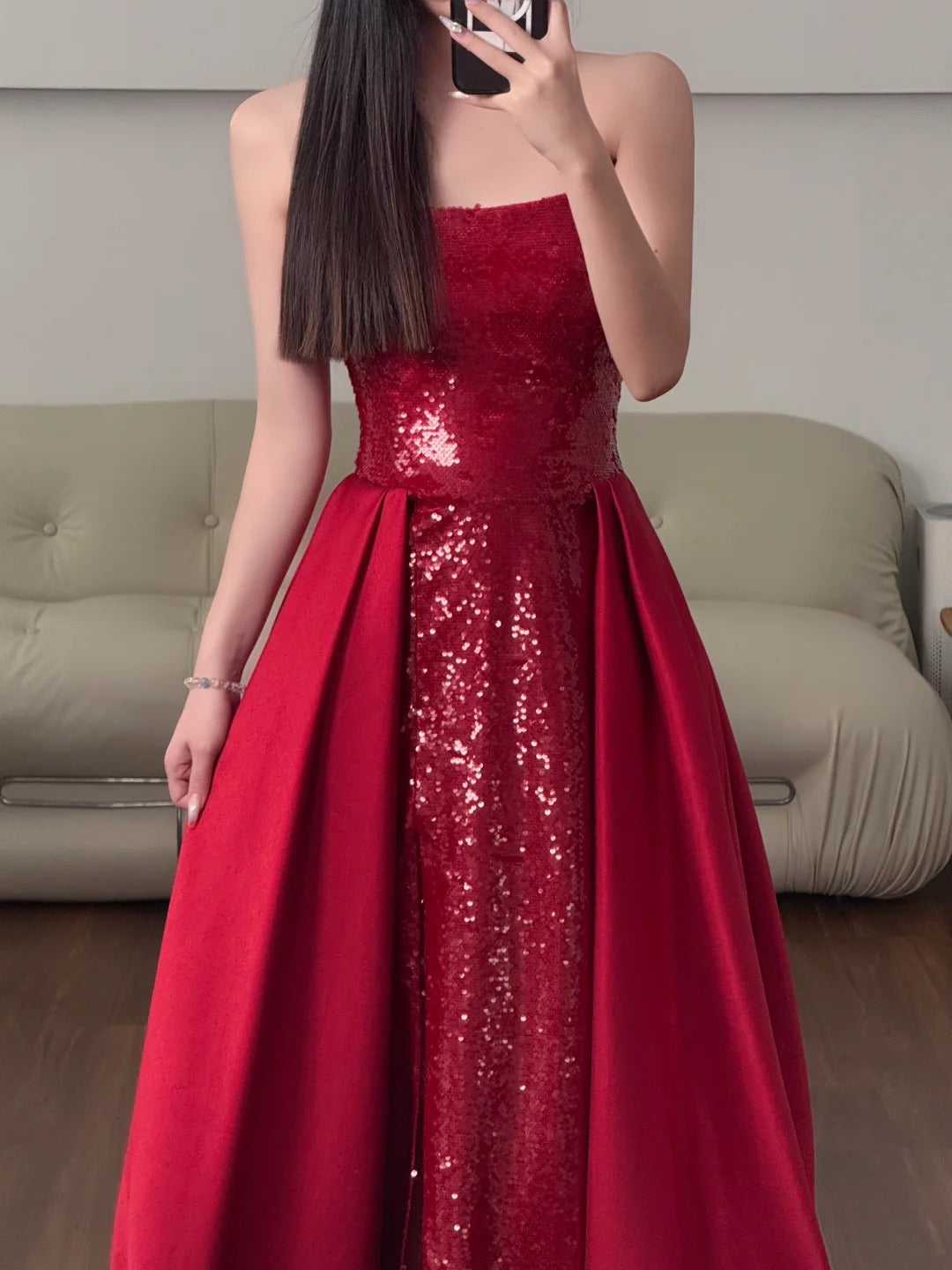 Burgunderrotes, glänzendes, elegantes, langes, bodenlanges Satin-Ballkleid, Abendkleid, Partykleid, NV4188