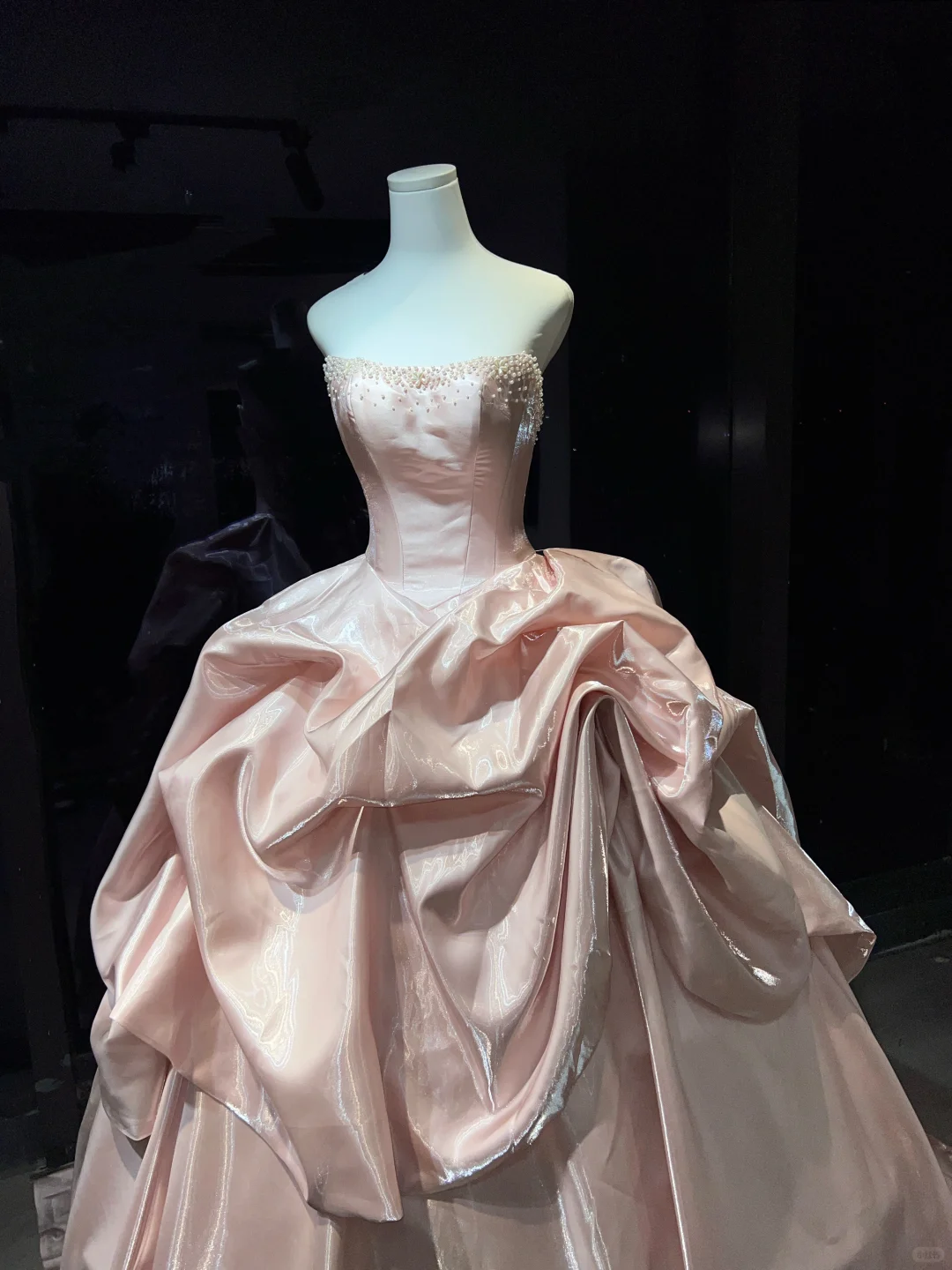 Strapless Blush Pink Prom Dress Hand Beaded Neckline Corset Shiny Satin Ruffle Ball Gown NV7044