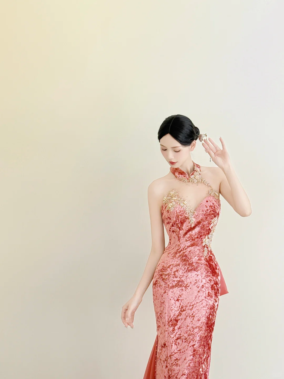 New Chinese Halter Velvet Mermaid Evening Gown High Slit Chiffon Train NV7169