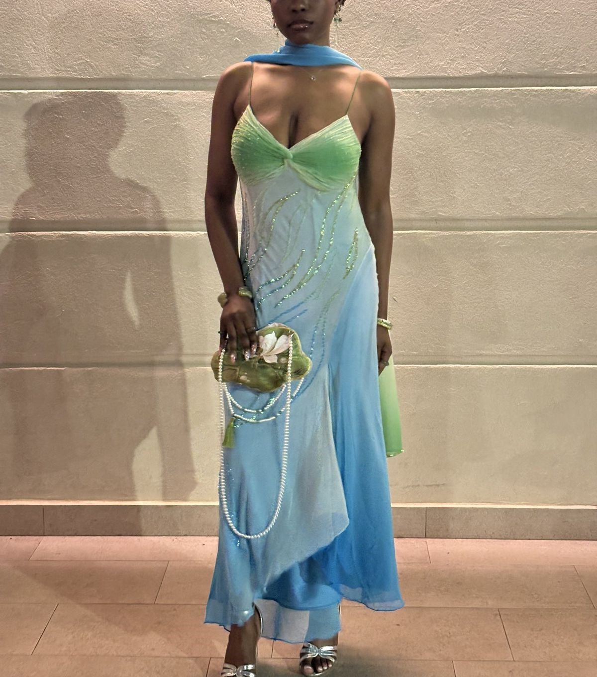 Blau Grün Fashion Gradient Perlen Chiffon Langes Ballkleid Abendkleid Partykleid nv4767