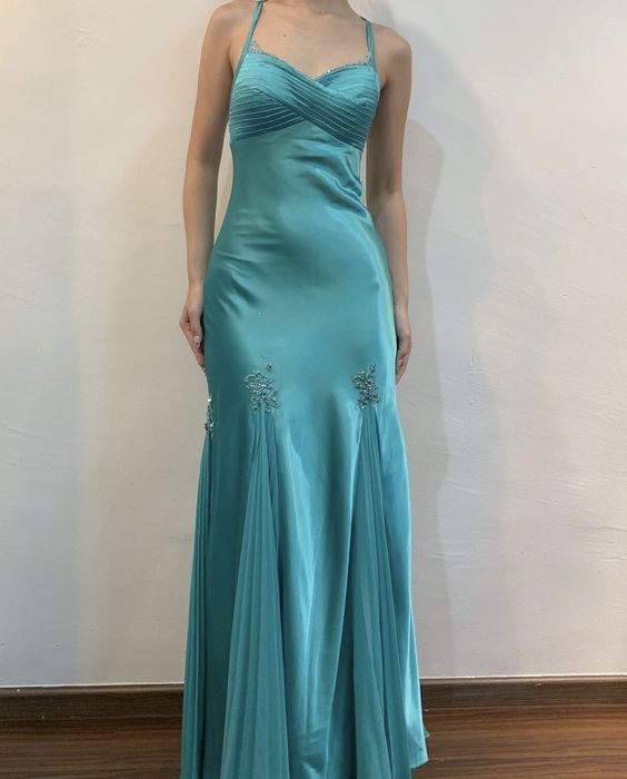 Blaues schlichtes, elegantes, langes Ballkleid-Abendkleid mit Spaghettiträgern und Strasssteinen nv2763