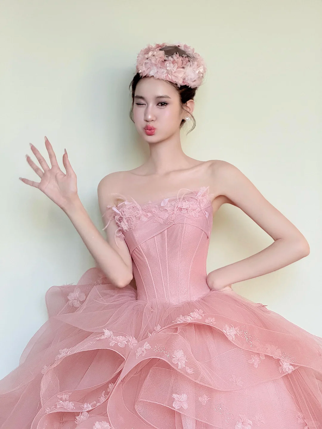 Strapless Pink Corset Prom Dress, 3D Flower Ruffle Glitter Tulle Princess Ball Gown NV7420