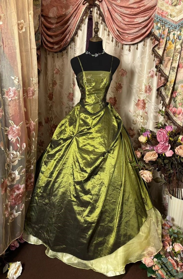Grünes Spaghettiträger Vintage Perlenbesetztes elegantes langes Ballkleid Abendkleid nv2971