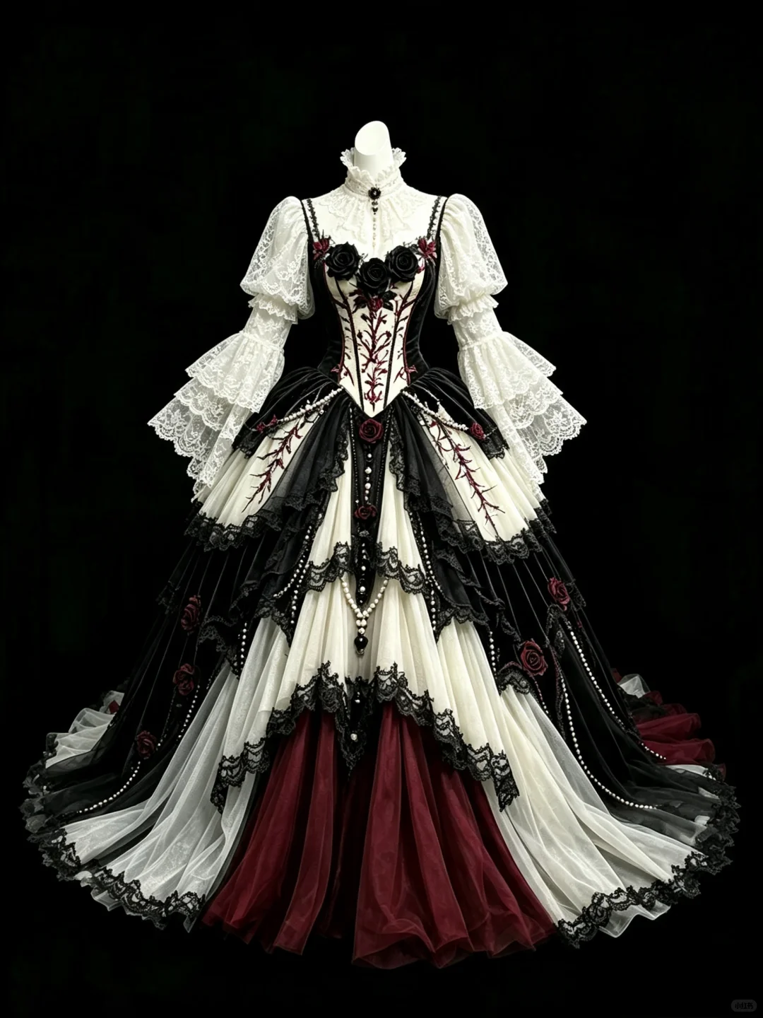 Vintage Gothic Lolita Prom Dress, Lace Tiered Tulle, 3D Rose and Pearl Beaded Evening Gown NV7461