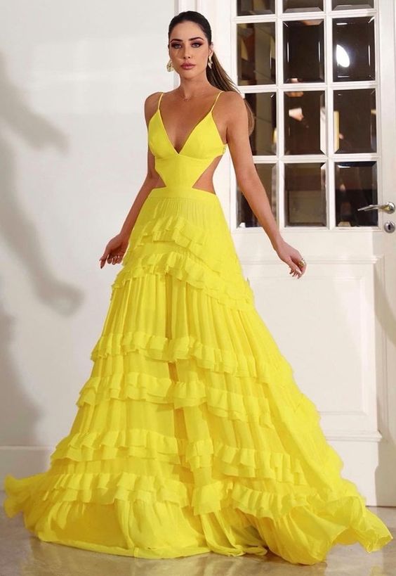 Robe de soirée longue jaune élégante et sexy à taille creuse et col en V décolleté nv2458