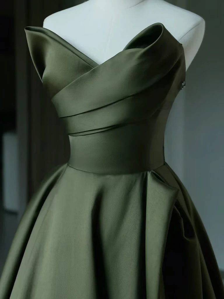 A-Linie V-Ausschnitt Satin Grünes langes Ballkleid, Grünes langes Abendkleid nv1604
