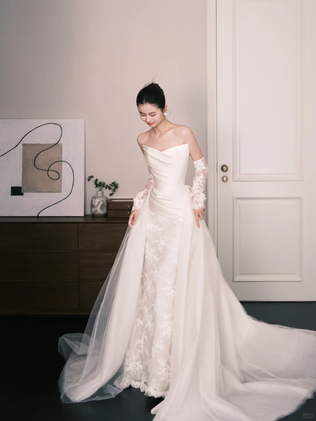 Strapless Satin Lace Mermaid Wedding Dress with Detachable Tulle Overlay NV7351