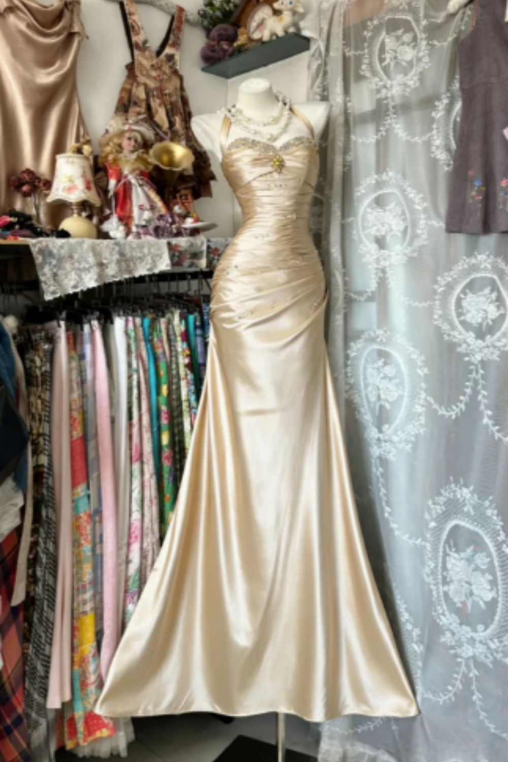 Elegantes langes Retro-Satinkleid NV6656