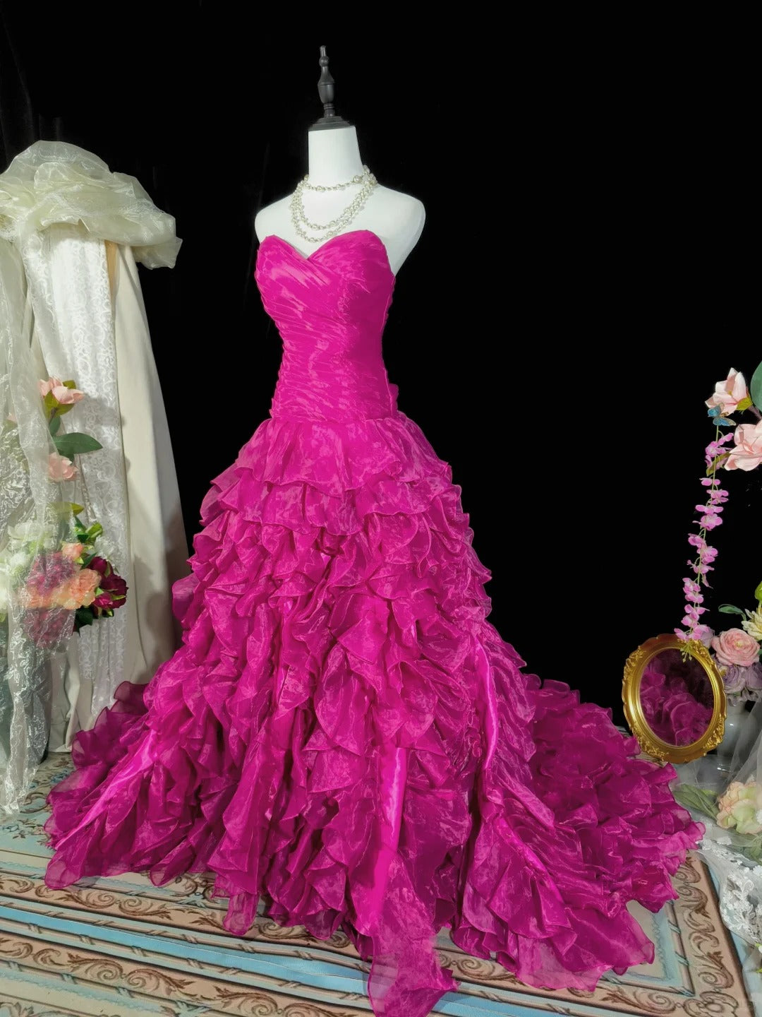 Robe de soirée longue élégante en tulle rose foncé nv4777