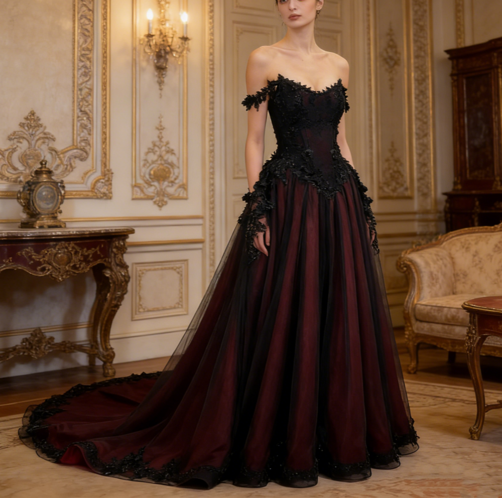 Schwarzes, burgunderrotes, trägerloses Spitzenkleid – schulterfreies Ballkleid/Abendkleid/Ballkleid/Maxikleid für den roten Teppich NV6803