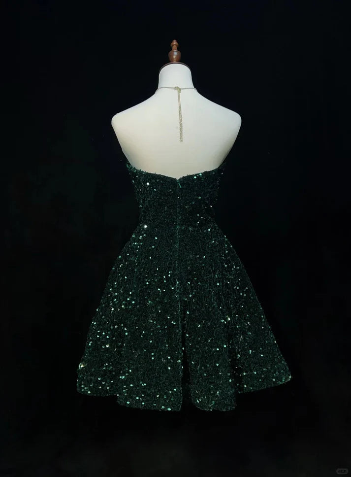 Grünes glänzendes Prinzessinnen-Pailletten-Kurzes Retro-Mode-Heimkehrkleid, Ballkleid, Abendkleid, NV4286
