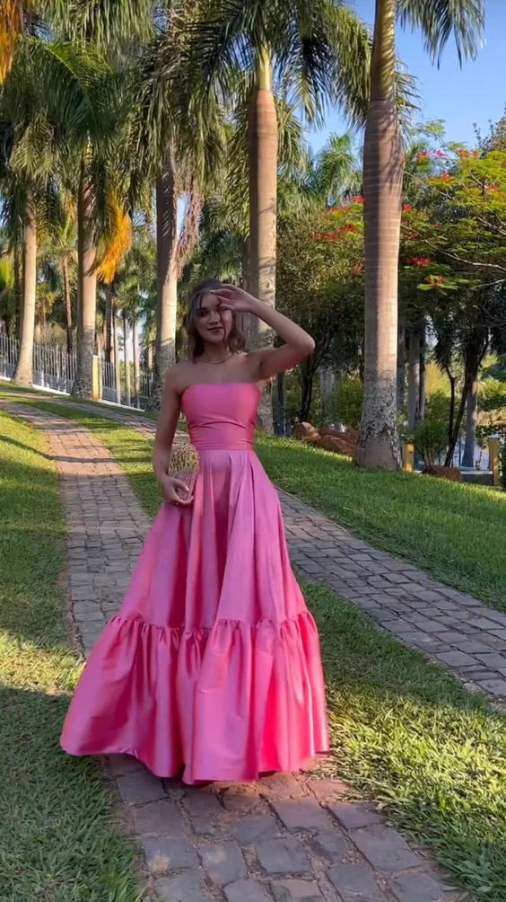 Robe de soirée longue en satin rose élégante et mignonne, coupe trapèze, épaules dénudées, robe de soirée, robe d'anniversaire, simple nv2406