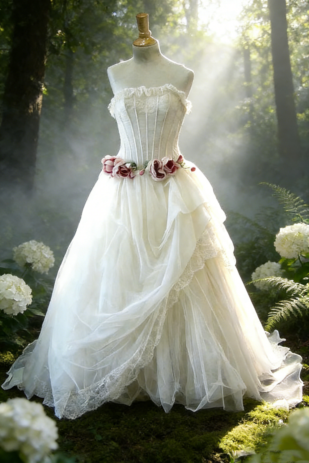 White, Pristine, Long, Forest-Inspired Wedding Dress, Simple And Elegant Bridal Gown. NV6815