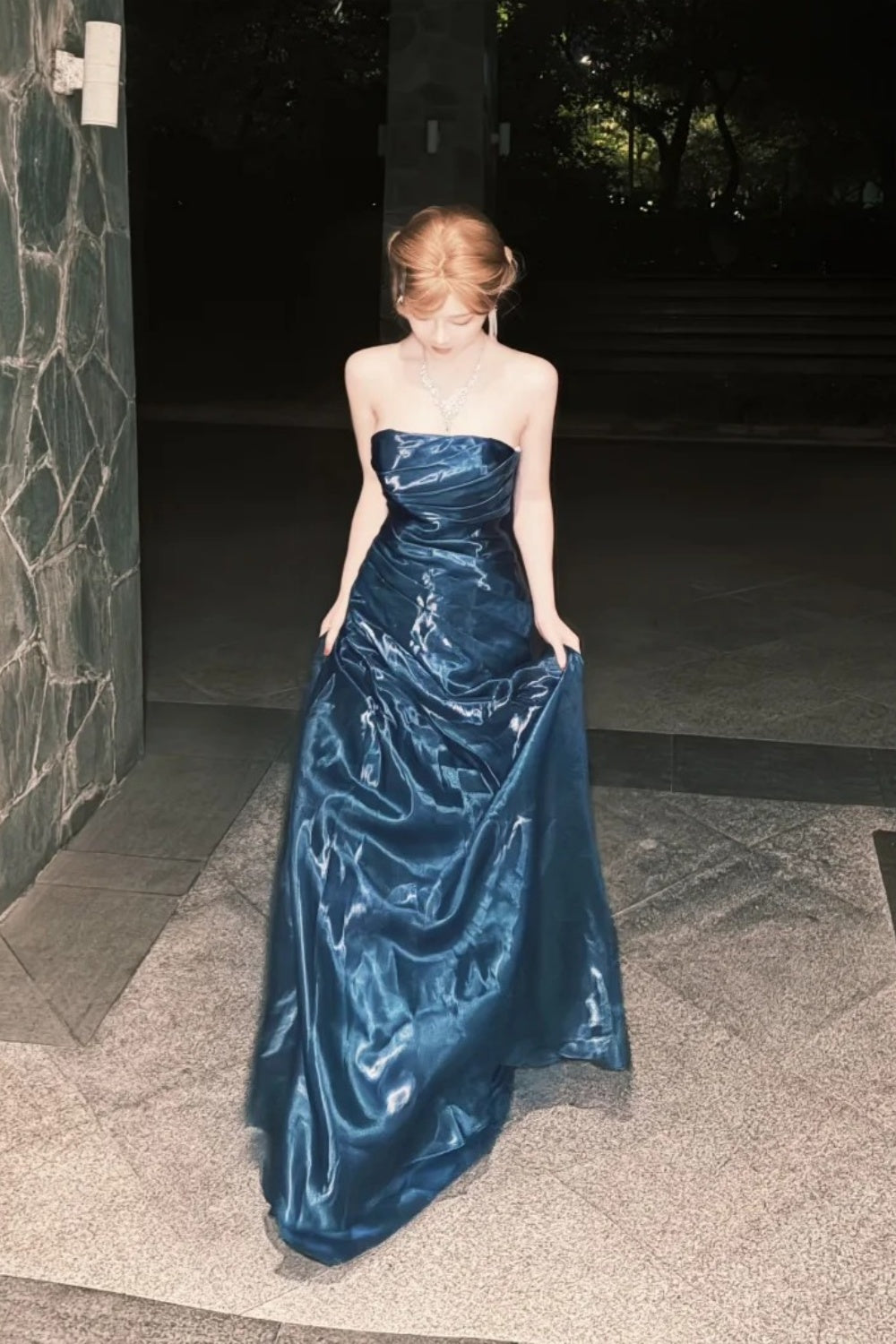 Strapless Liquid Satin Deep Blue Mermaid Gown Back Lace-up Formal Evening Dress NV6880