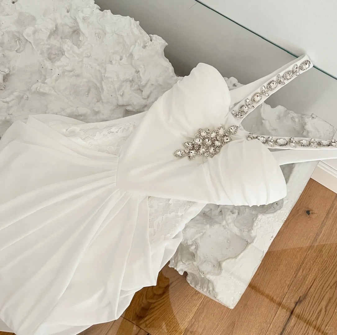Weißes elegantes langes Neckholder-Strass-Heimkehrkleid Geburtstagspartykleid Ballkleid Abendkleid nv4632