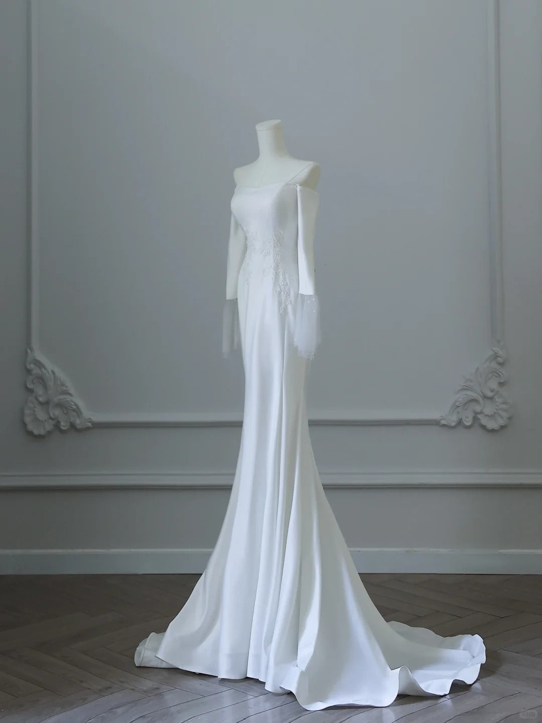 White simple fashion applique mermaid elegant long satin ball gown evening dress wedding dress nv4339