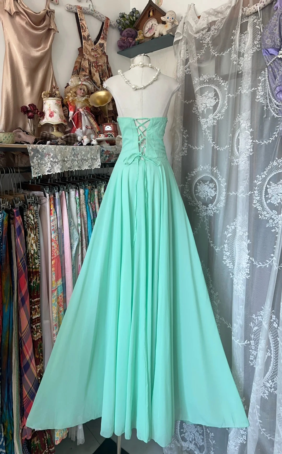 Robe de soirée longue en mousseline de soie vintage vert menthe nv4365