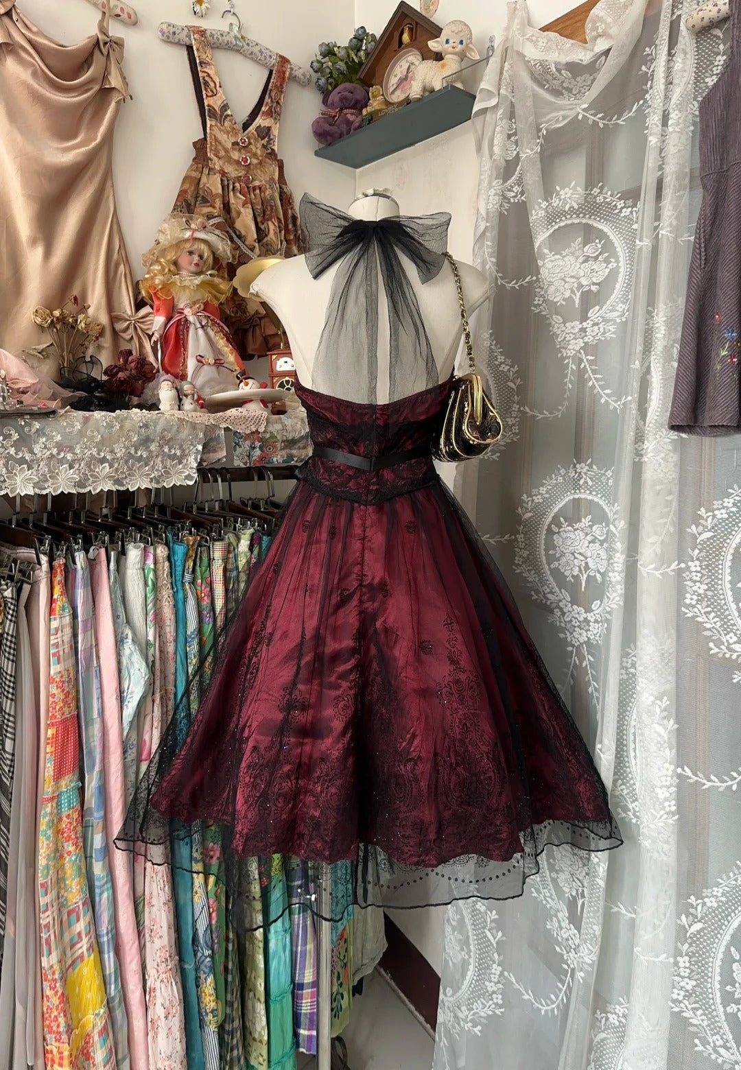 Burgunderrotes Vintage-Kurzes Tüll-Heimkehrkleid, Ballkleid, Partykleid, nv4306