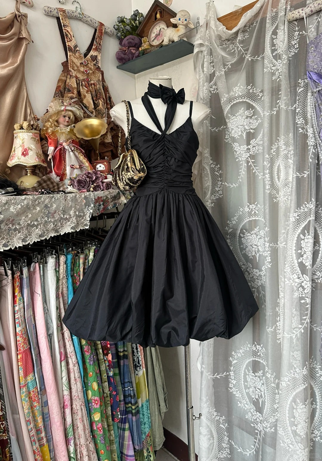 Schwarzes Vintage-Kurzkleid aus modischem Satin für die Heimkehr, Geburtstagspartykleid, Ballkleid, NV4620