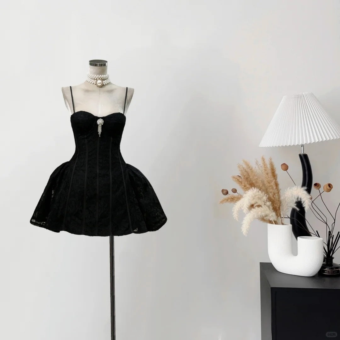 Robe de soirée courte en velours noir à bretelles spaghetti, style rétro, robe de fête d'anniversaire, nv5265
