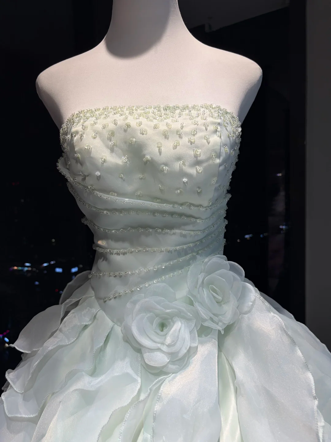 Light Mint Strapless Ball Gown Beaded Ruched 3D Rose Ruffle Organza Formal Dress NV6960