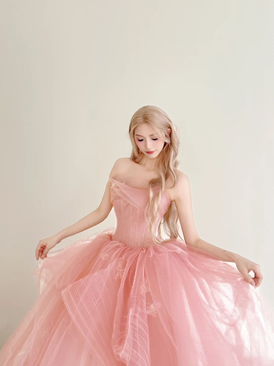 Dusty Pink One Shoulder Tulle Ball Gown Butterfly Embroidery Prom Dress NV7180
