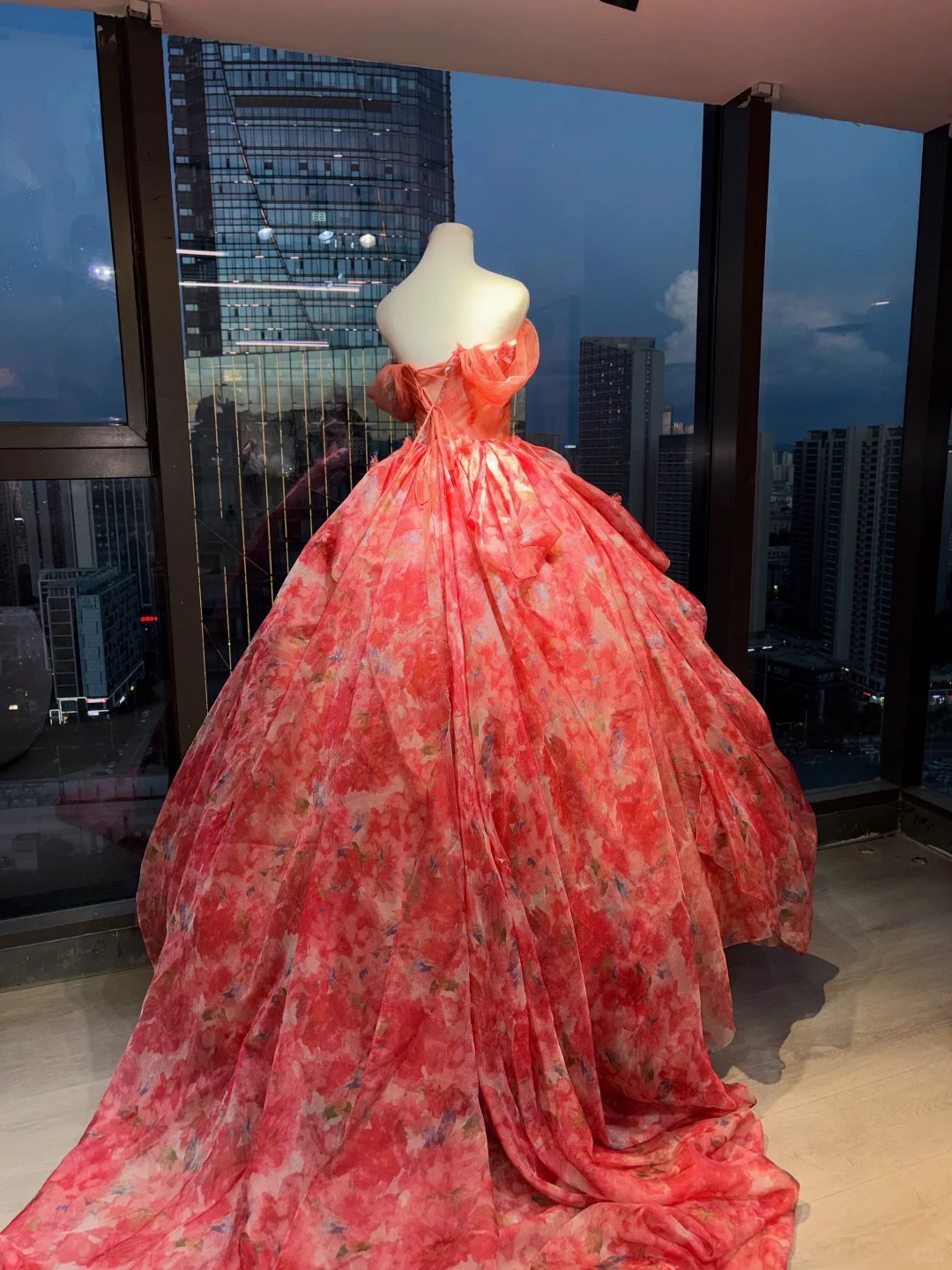 Off Shoulder Orange Red Floral Print Tulle Prom Dress Sweetheart Ruched Layered Ball Gown NV6990