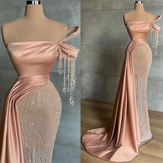 Rosa Luxus funkelnde Meerjungfrau Perlen Kristall lange Ballkleid Abend formale Party Geburtstag Verlobungskleid nv2929