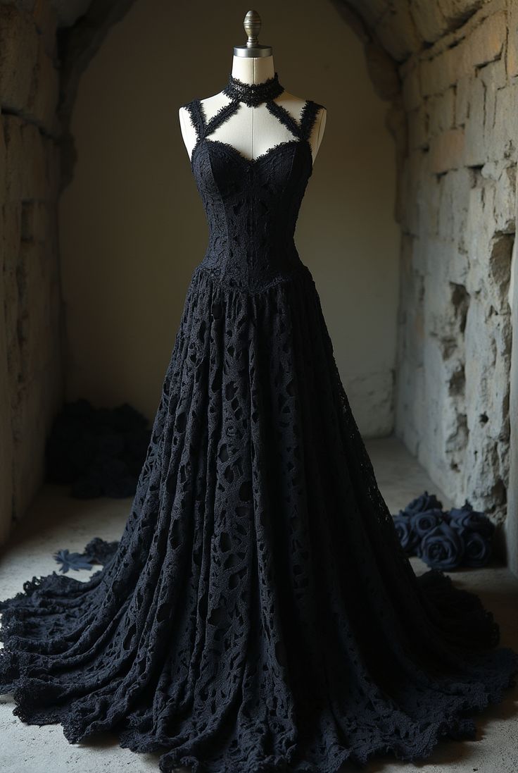 Hochzeitskleid im Gothic-Retro-Stil mit Neckholder, Spaghettiträgern und Spitze | Schwarzes, ausgeschnittenes Maxikleid mit Schleppe für Galas, Gothic-Mottopartys und Retro-Bälle NV6263
