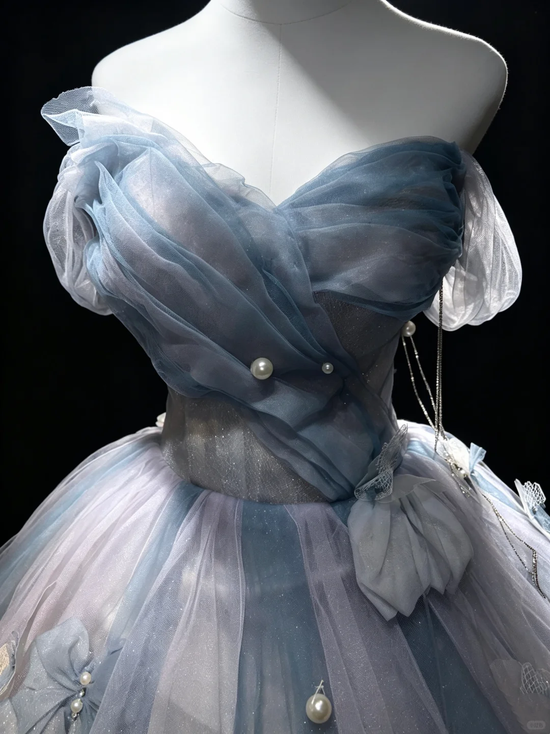 Blue White Ombre Off Shoulder Ball Gown 3D Bow Pearl Tulle Formal Evening Dress NV6973