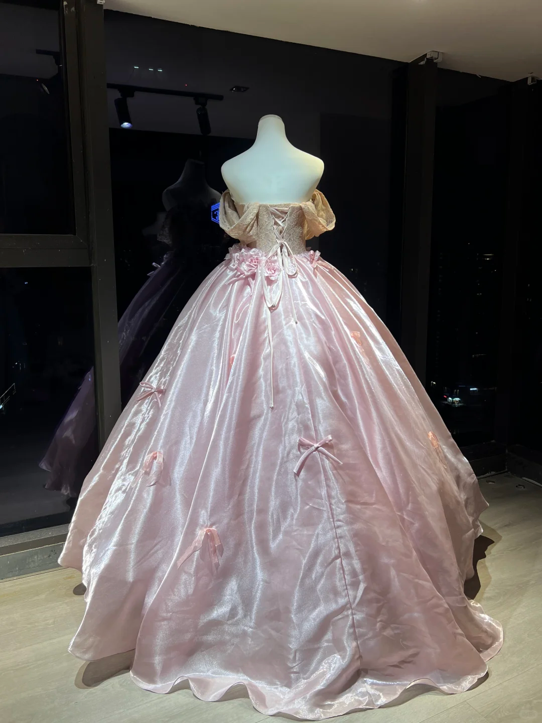Pink Off Shoulder Organza Ball Gown, Lace Corset Dress with 3D Rose Flowers and Handmade Bows NV7095