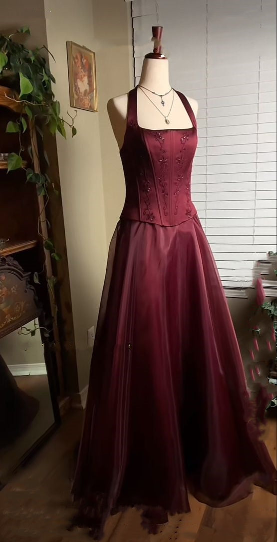 Burgunderrotes, elegantes, glänzendes, mit Perlen besetztes, langes Tüll-Ballkleid, Abendkleid, Partykleid, NV2608