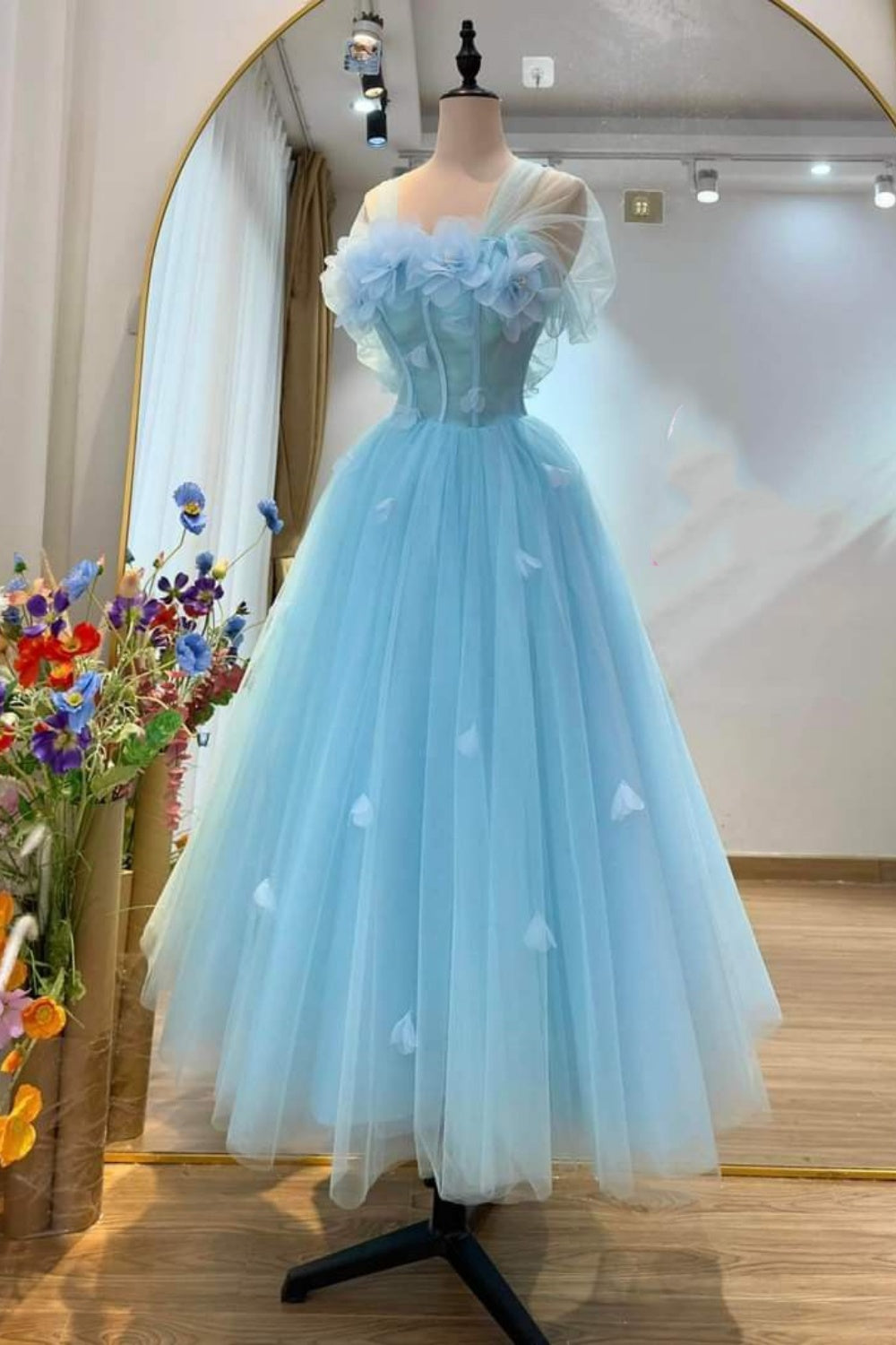 blaues, geblümtes, langes Tüll-Ballkleid, Geburtstagspartykleid, NV5288