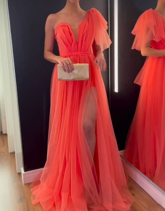 Rotes schlichtes Chiffon-elegantes kleines tiefes Halsausschnitt-ein-Schulter-off-Schulter-langer Schlitz-Ballkleid-Abendkleid-Partykleid nv2485