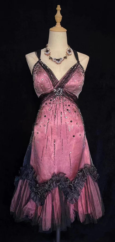 Rosa Elegante Exquisite Perlen Spitze Sexy Spaghettiträger Ärmellos Kurze A-Linie Tüll Homecoming Kleid Geburtstag Party Kleid Abendkleid nv3803