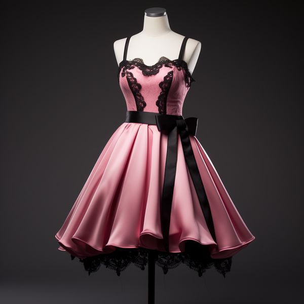 NiceVestidos – Schwarz – Rosa Kontrastspitze Spaghetti – Träger Schleife – Verziertes kurzes Ballkleid NV5768