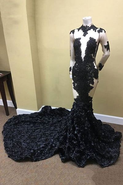 Schwarzes, sexy, elegantes, durchsichtiges Meerjungfrauen-Abendkleid mit langem Schwanz und langen Ärmeln, gerüschtes Ballkleid, NV3227