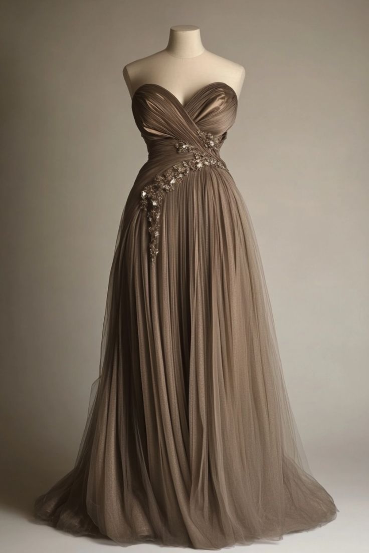 Robe de bal longue en tulle marron à décolleté en cœur, élégante et féerique, nv4843