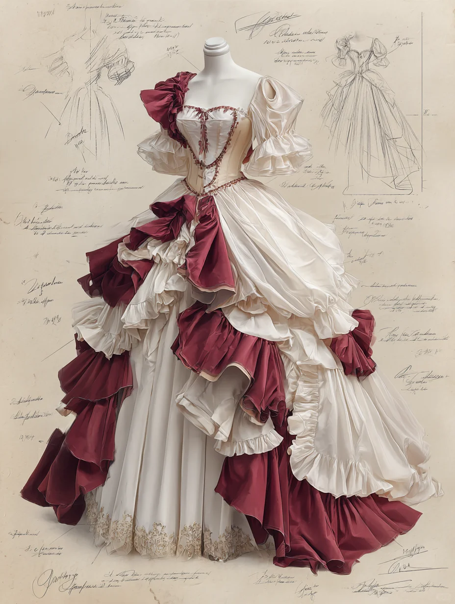 Ivory Burgundy Rococo Victorian Square Neck Corset Ball Gown with Gold Embroidery NV7406