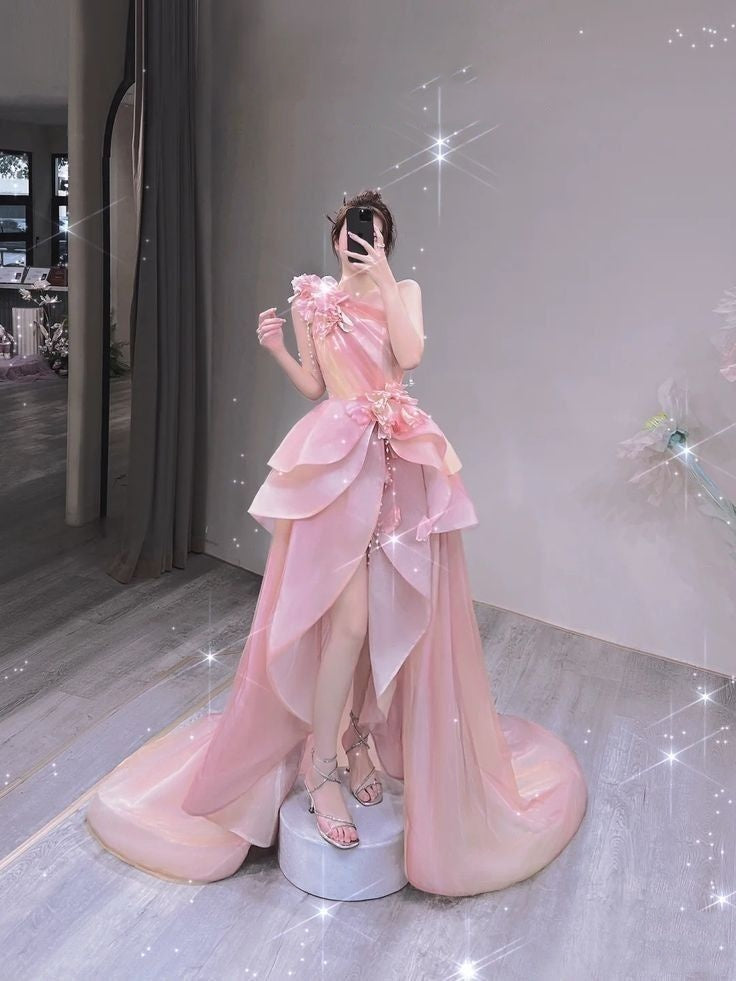 Pink Pretty Fashion Elegant Exquisite Perlen Flower Fairy Off-the-shoulder Satin Langes Tüll Bodenlanges Ballkleid Pailletten Abendkleid nv3821