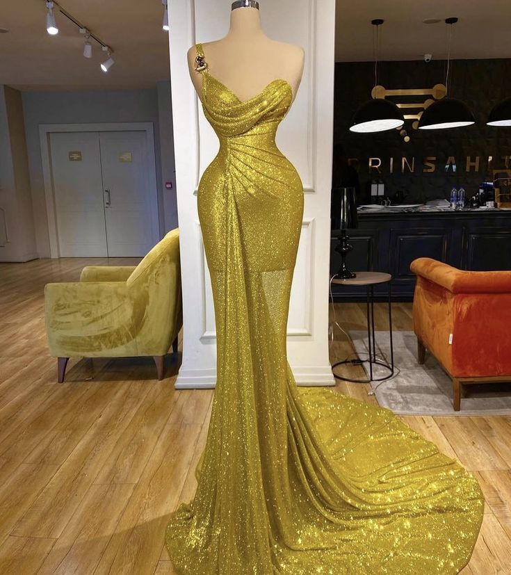 Gelb grün wunderschöne glänzende Pailletten Mode eine Schulter lange Schleppe Schlitz Tüll sexy Ballkleid Abendkleid Partykleid NV3259