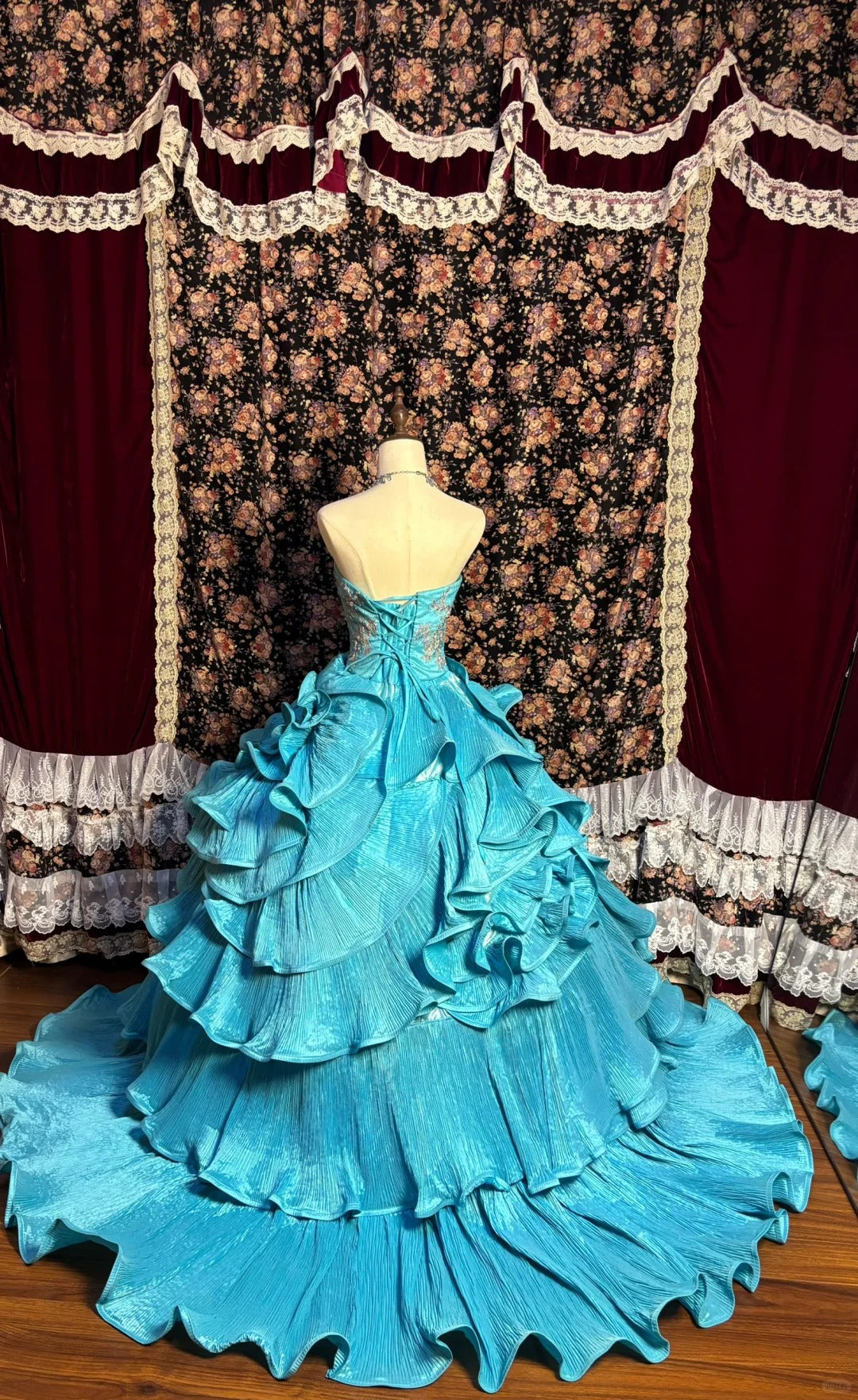 Blue Elegant Delicate Floral Long Satin Ball Gown Evening Dress Party Dress nv4011