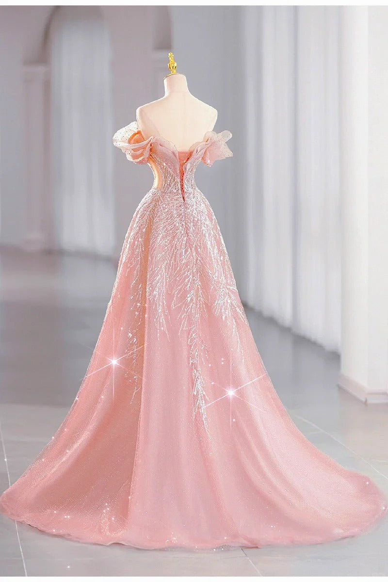 Rosa funkelndes elegantes langes Ballkleid aus Tüll, nv4227