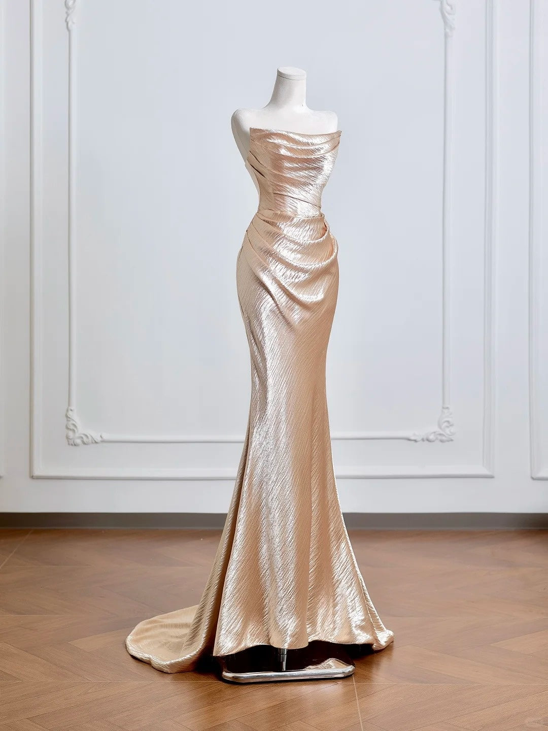 Champagner-Gold, elegantes langes Satin-Ballkleid, Abendkleid, Partykleid, nv4949