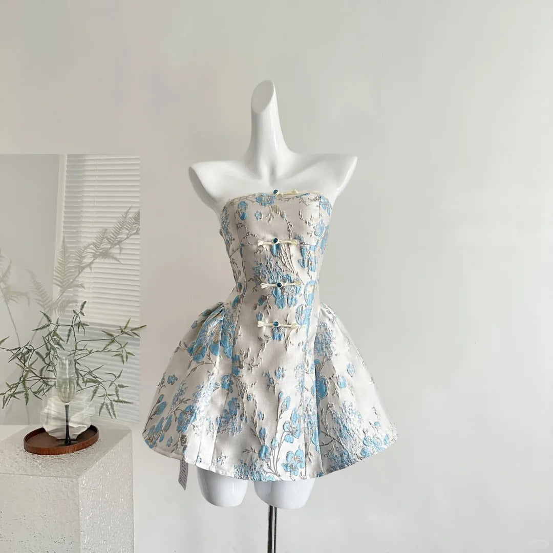Robe de soirée courte en satin blanc et bleu à fleurs, tenue de fête d'anniversaire, NV5261