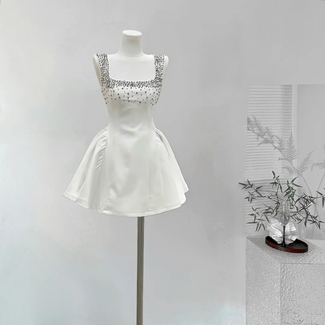 Robe de soirée courte en satin noir et blanc à perles, tenue de fête d'anniversaire nv5262