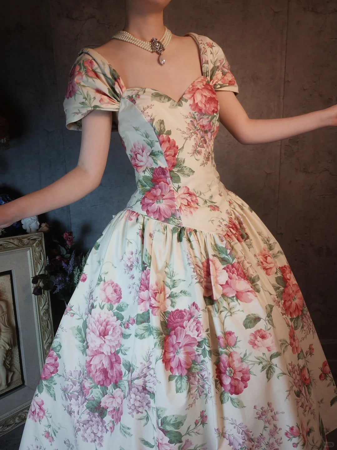 Charming pink vintage floral long satin prom dress nv5435
