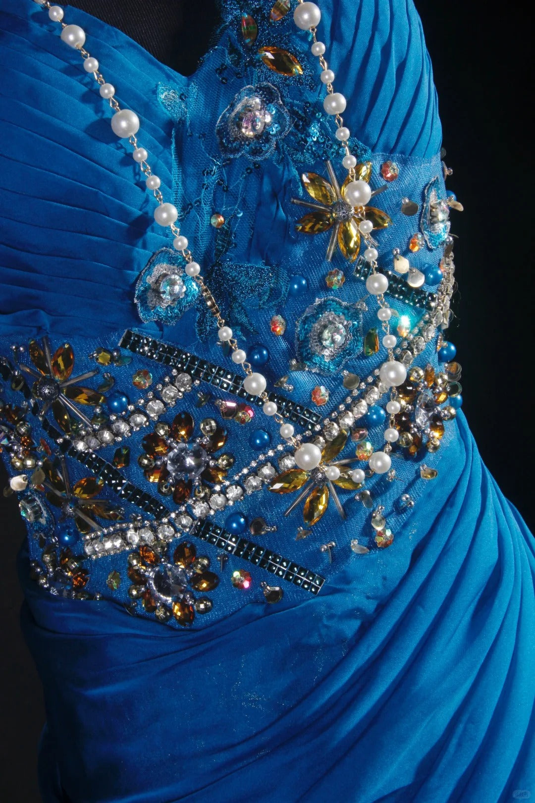Fantasieblaues, exquisites, florales Perlen-Langspitzen-Satin-Ballkleid, Partykleid, Vintage, NV5211