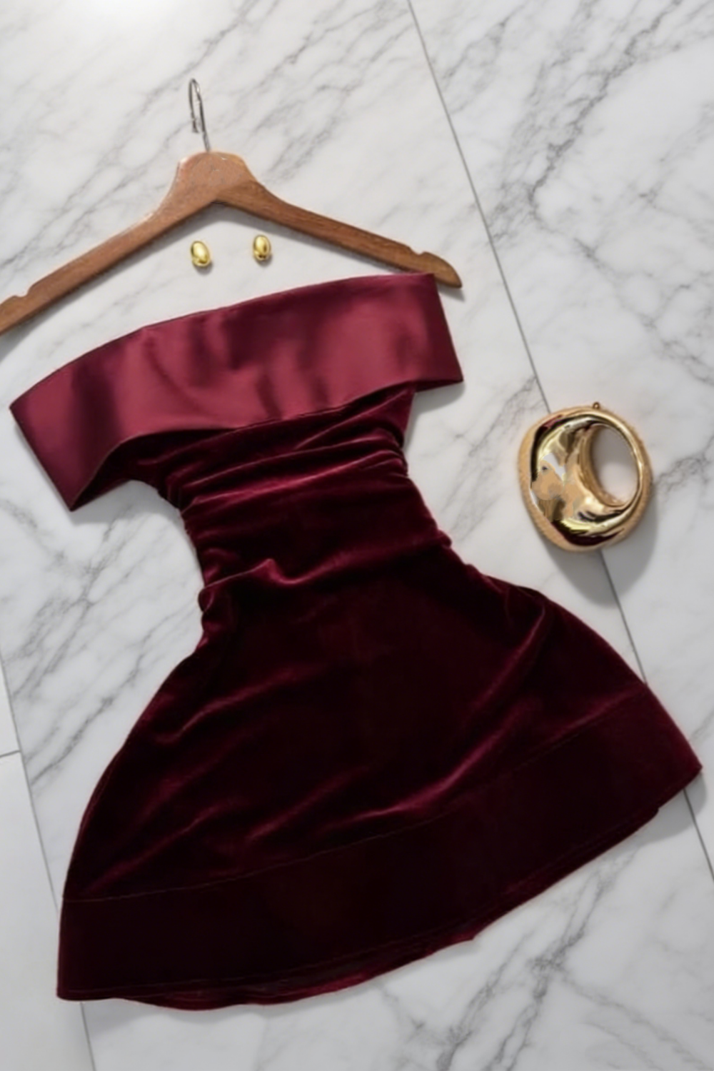 Atmospheric Burgundy Velvet Strapless Dress - Satin Off-the-shoulder Date Night Gown NV6757