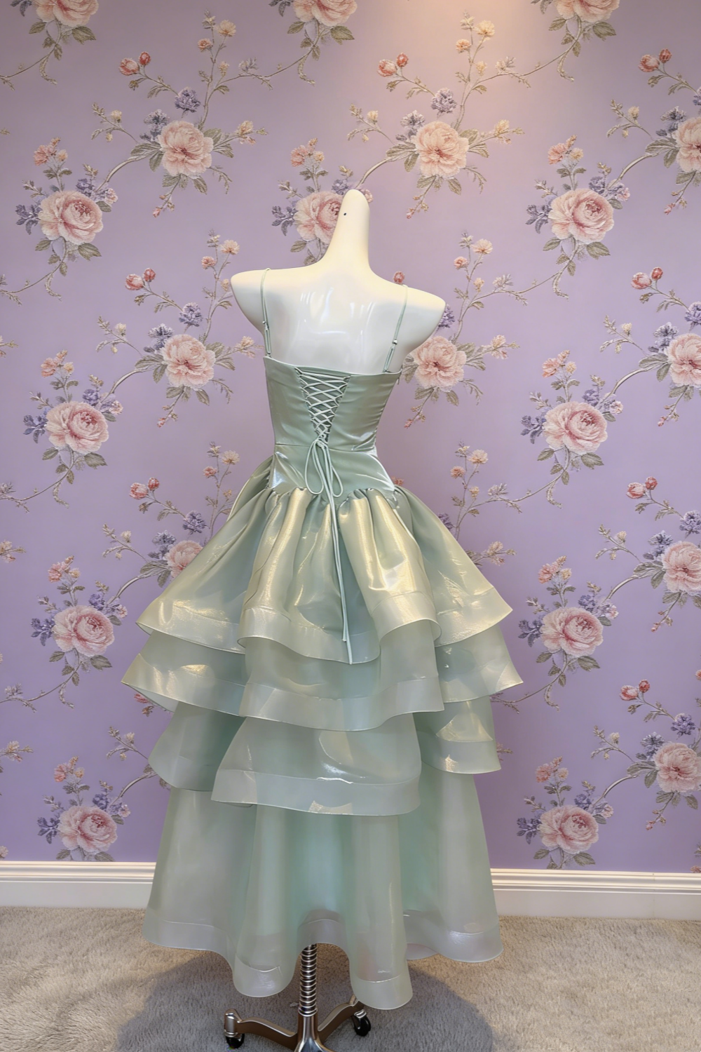 Mint Green Shimmer Organza Thin Spaghetti Strap Gown - Sweet Ethereal Asymmetric Layered Dress NV6785